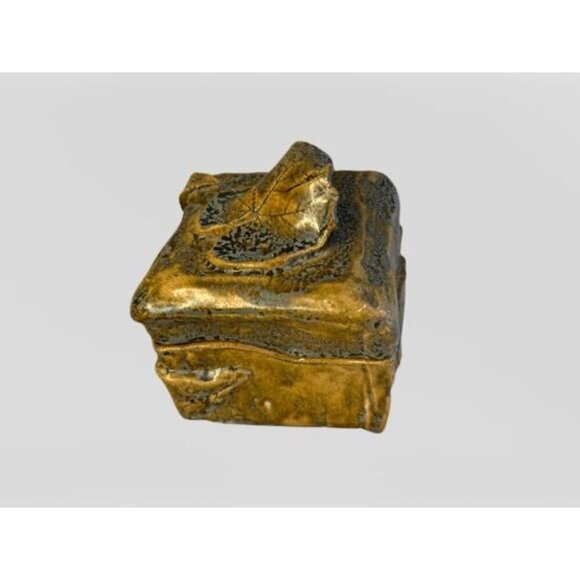 Handcrafted Ceramic Trinket Box With Leaf Detail In Golden Bronze Finish 6" x 5" - Picture 1 of 13